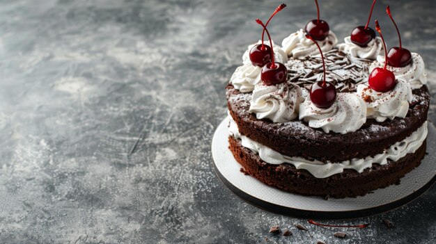 Foto torta da floresta negra desnuda torta schwarzwald torta com creme batido de chocolate escuro e cereja em um fundo de concreto cinza espaço de cópia