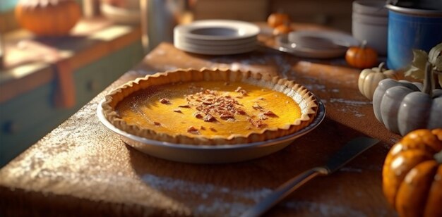 Foto torta de abóbora assada em uma mesa de madeira na cozinha fundo borrado ai gerado