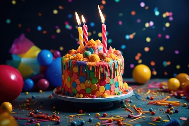 Torta de aniversário colorida com salpicaduras e velas queimadas Festa de aniversário generativa de IA