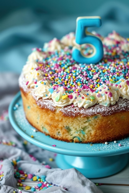 Torta de aniversário com salpicaduras num prato azul