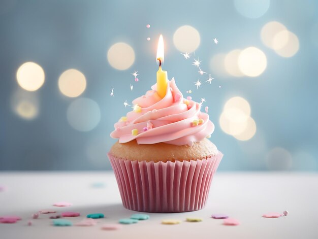 Torta de aniversário com vela em mesa de madeira e fundo bokeh