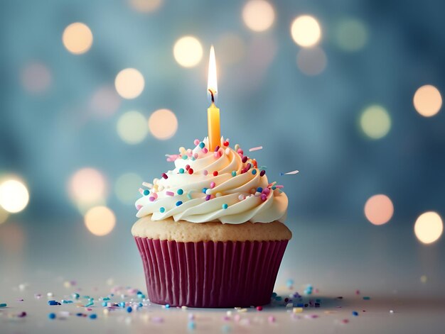 Torta de aniversário com vela em mesa de madeira e fundo bokeh