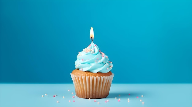 Torta de aniversário com vela para menino em fundo azul