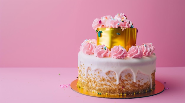 Torta de aniversário de celebração com velas de aniversário cor-de-rosa e douradas que dizem feliz aniversárioGenerative Ai