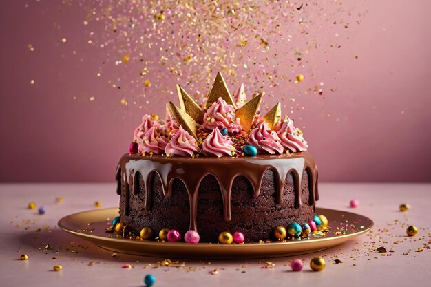 Torta de aniversário de chocolate com cobertura rosa e estrelas douradas no topo