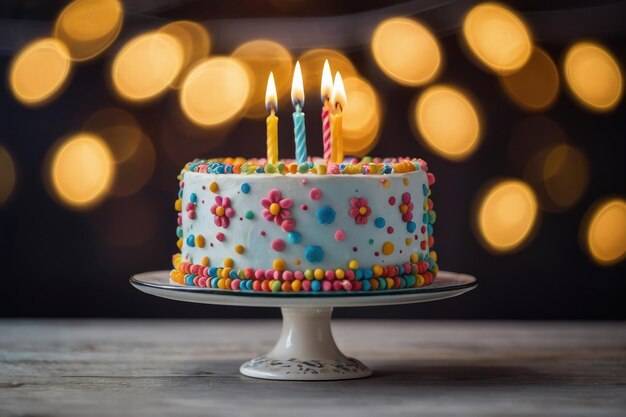 Torta de aniversário em dois níveis com velas acesas