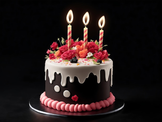 Torta de aniversário feliz em fundo preto gerado por ai
