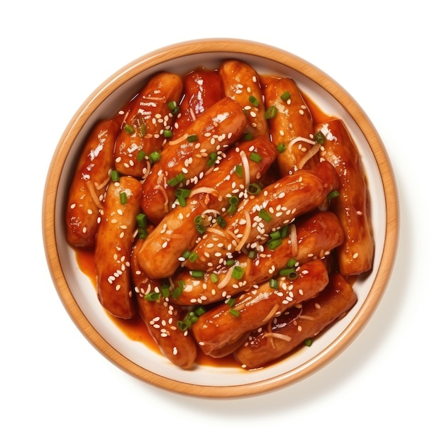 Torta de arroz coreana com salsicha em molho picante tteokbokki estilo de comida coreana em prato ou tigela para