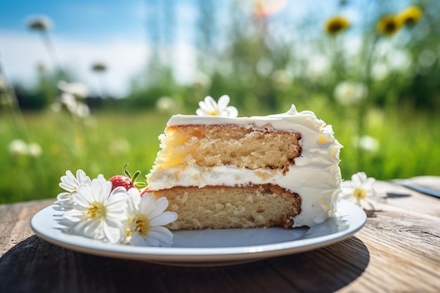 Foto torta de baunilha com uma fatia sendo desfrutada com uma chávena de chá quente