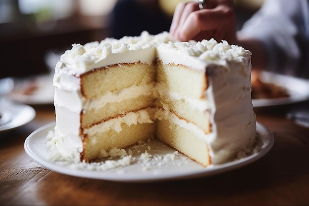 Foto torta de baunilha com uma fatia sendo desfrutada com uma chávena de chá quente