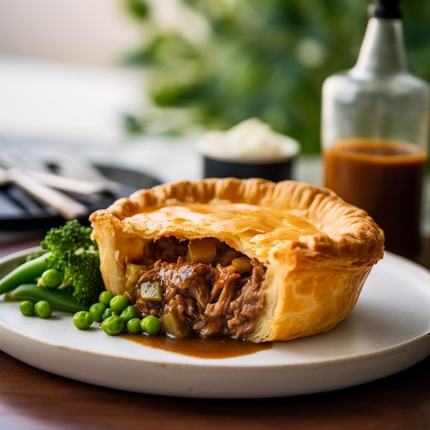 Torta de carne australiana com ervilhas e café em um café aconchegante