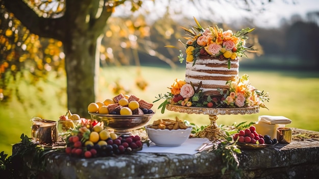 Torta de casamento de outono Festa de aniversário Celebração e sobremesa de férias no jardim de outono Evento de comida