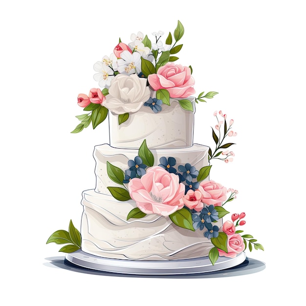 Foto torta de casamento decorada com flores e folhas ilustração vetorial