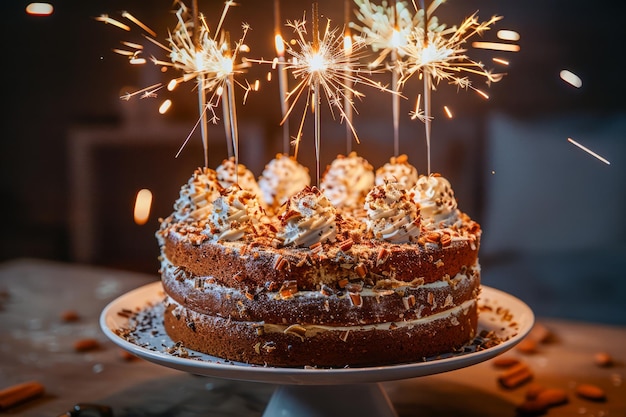 Torta de celebração festiva com faíscas no topo iluminando o cenário escuro da festa com um brilho quente