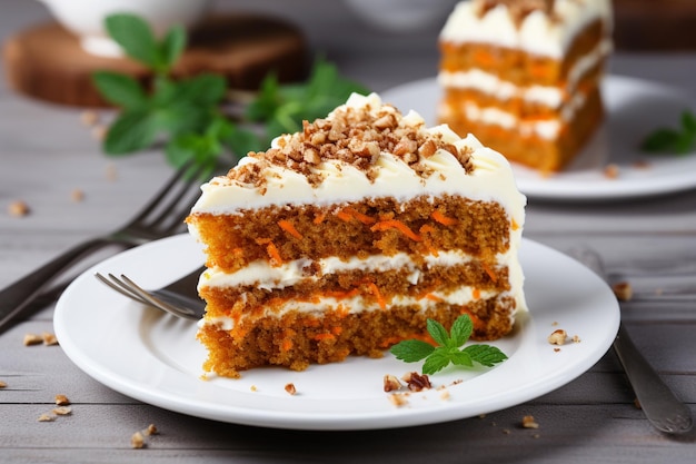 Torta de cenoura caseira saudável com cobertura de queijo creme em uma mesa de madeira branca