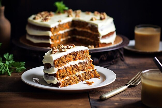 Torta de cenoura com uma fatia removida servida com uma pitada de noz-moscada