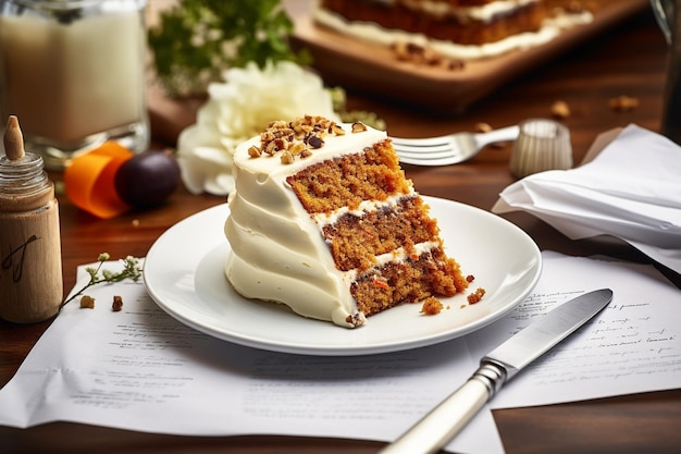 Torta de cenoura com uma fatia removida servida com uma pitada de noz-moscada