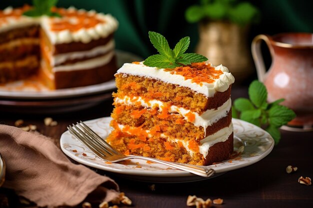 Torta de cenoura com uma fatia removida servida com uma pitada de noz-moscada