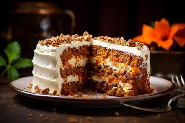 Torta de cenoura com uma fatia removida servida com uma pitada de noz-moscada