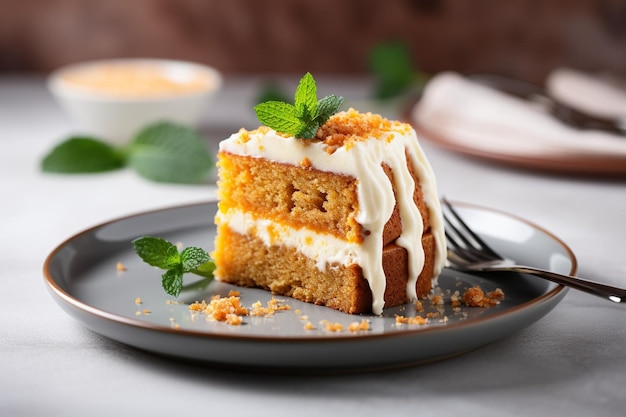 Torta de cenoura com uma fatia removida servida com uma pitada de noz-moscada