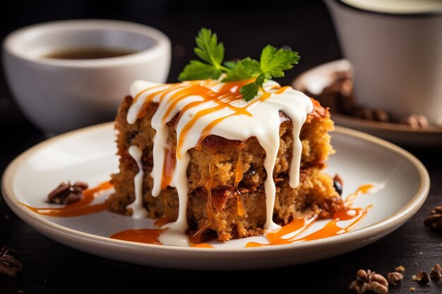 Torta de cenoura com uma fatia removida servida com uma pitada de noz-moscada