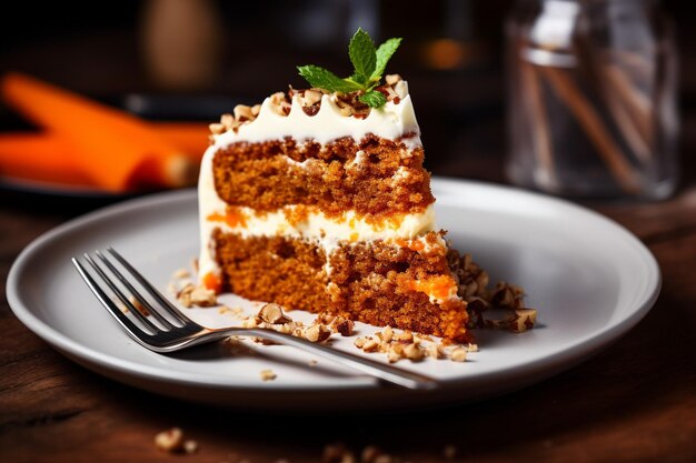 Torta de cenoura com uma fatia removida servida com uma pitada de noz-moscada