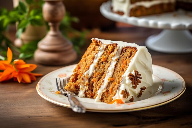 Torta de cenoura com uma fatia removida servida com uma pitada de noz-moscada