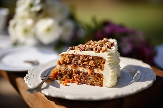 Torta de cenoura com uma fatia sendo desfrutada com uma chávena de chá quente