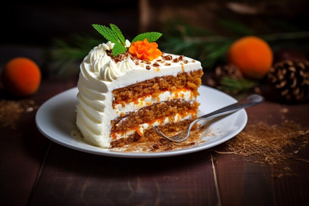 Torta de cenoura com uma fatia sendo desfrutada com uma chávena de chá quente