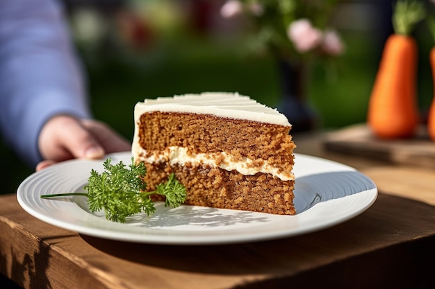 Torta de cenoura com uma fatia sendo desfrutada com uma chávena de chá quente