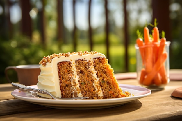 Torta de cenoura com uma fatia sendo desfrutada com uma chávena de chá quente