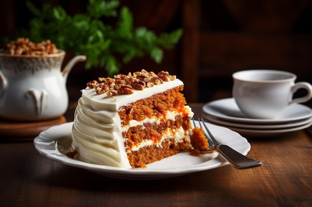 Torta de cenoura com uma fatia sendo desfrutada com uma chávena de chá quente