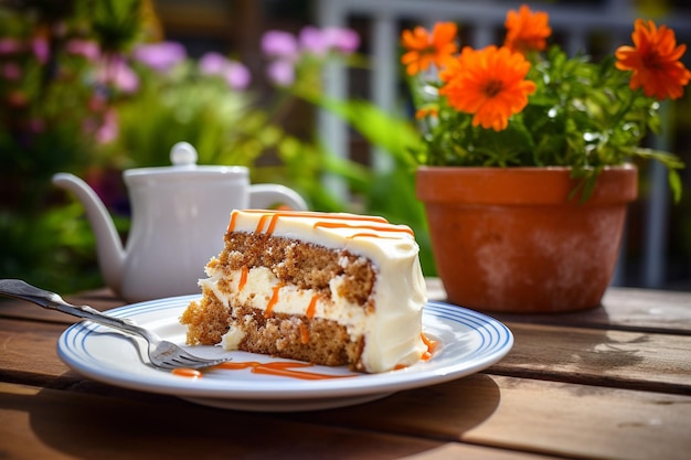 Torta de cenoura com uma fatia sendo desfrutada com uma chávena de chá quente