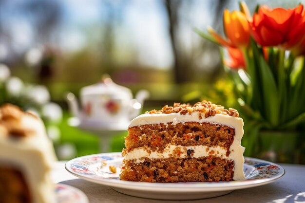 Torta de cenoura com uma fatia sendo desfrutada com uma chávena de chá quente