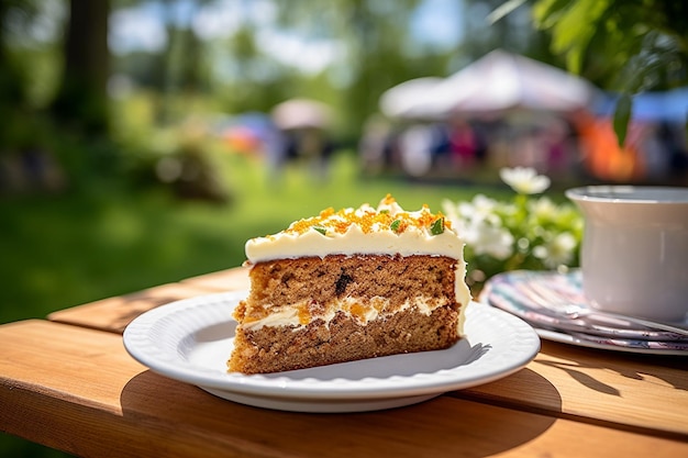 Torta de cenoura exibida em um carrinho de sobremesas em uma festa de jardim