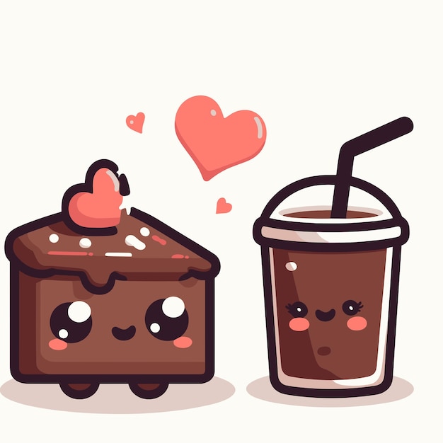 Foto torta de chocolate bonito e smoothie de chocolate com corações doce kawaii ilustração vetorial