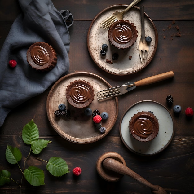 Torta de chocolate com bagas em um fundo de madeira escura Vista superior