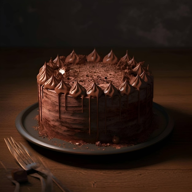 Torta de chocolate com creme de chocolate em fundo escuro Foco seletivo