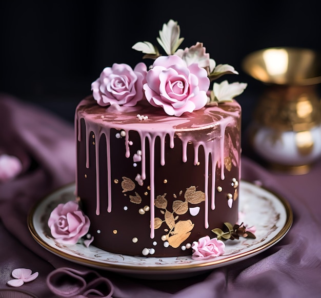 Torta de chocolate com flores comestíveis no topoGenerative ai image