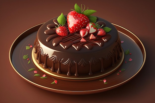 Torta de chocolate com morango em prato redondo