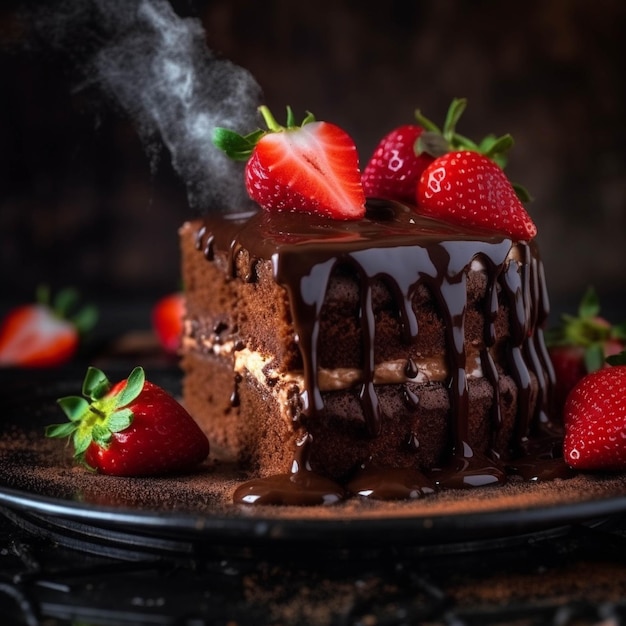 Torta de chocolate com morangos em fundo escuro Foco seletivo