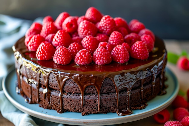 Torta de chocolate de framboesa em prato com molho de chocolate