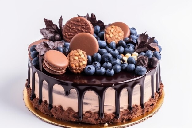 Torta de chocolate decorada com biscoitos de mirtilos e chocolates em um fundo branco