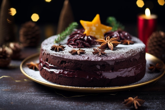 Foto torta de chocolate vegana com vela e cones