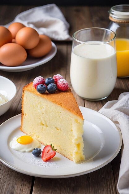 Torta de esponja redonda caseira ou torta de chiffon em prato branco tão macia e deliciosa com ingredientes