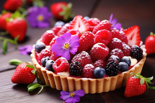 Torta de frutas apetitosa composta por mirtilos e framboesas com flores Ilustração generativa de IA