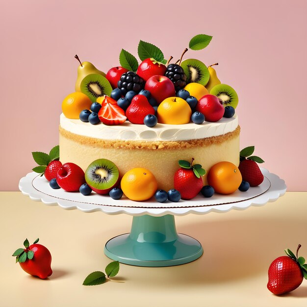 Foto torta de frutas com bagas em fundo pastel renderização 3d