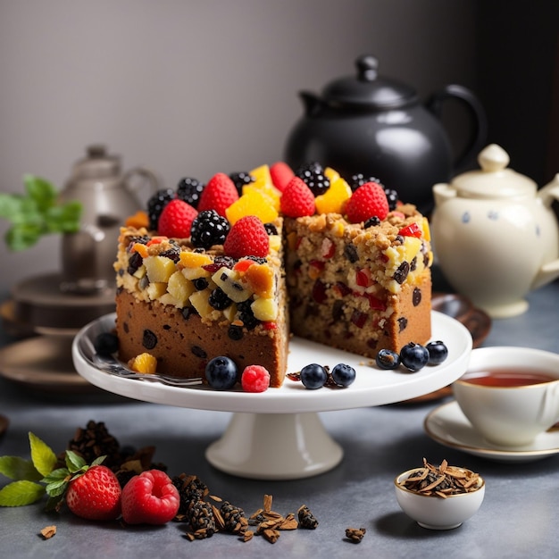 Torta de frutas com chá de costas