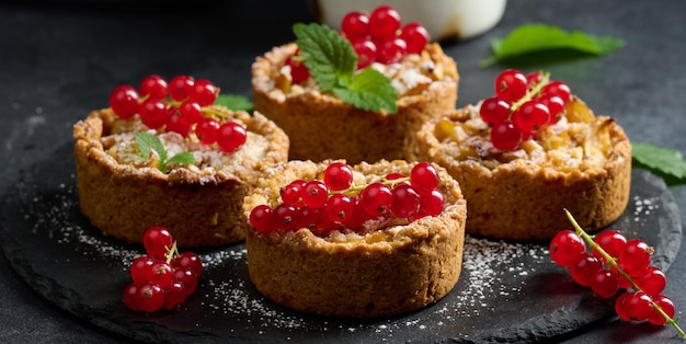 Torta de frutas com groselhas polvilhadas com açúcar de confeiteiro em uma mesa preta