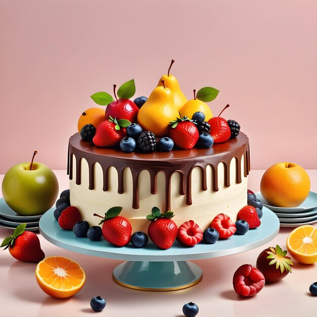 Foto torta de frutas com morangos mirtilos framboesas laranjas e peras com fundo rosa